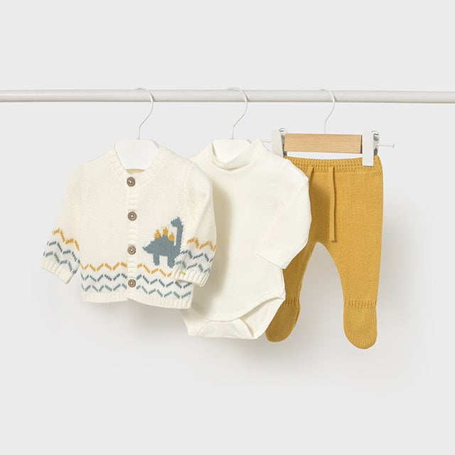 Mayoral Kışlık Erkek Bebek Örme Ceket Body Patikli Pantolon Tulum Set Sarı