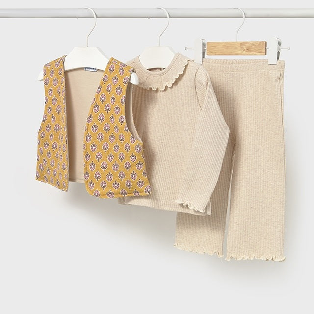 Mayoral Kışlık Kız Bebek Bluz Yelek Pantolon Set Bej