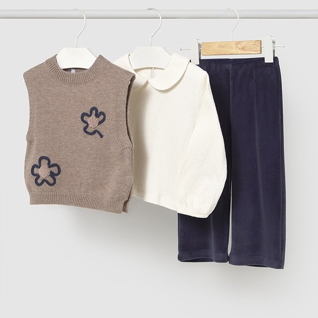 Mayoral Kışlık Kız Bebek Bluz Yelek Pantolon Set Bej