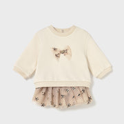 Mayoral Kışlık Kız Bebek Sweatshirt Tütü Etek Set Bej
