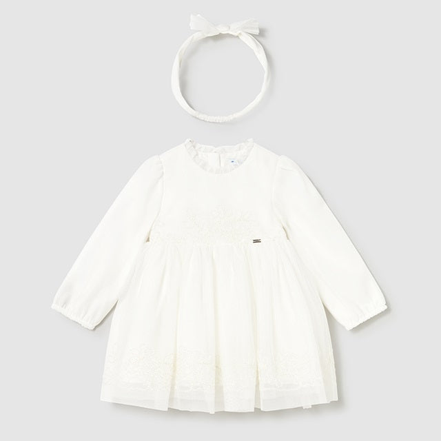 Mayoral Kışlık Kız Bebek Tül Elbise Saç Bandı Set Ekru