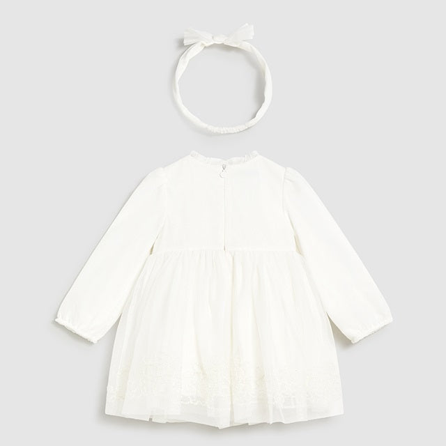 Mayoral Kışlık Kız Bebek Tül Elbise Saç Bandı Set Ekru