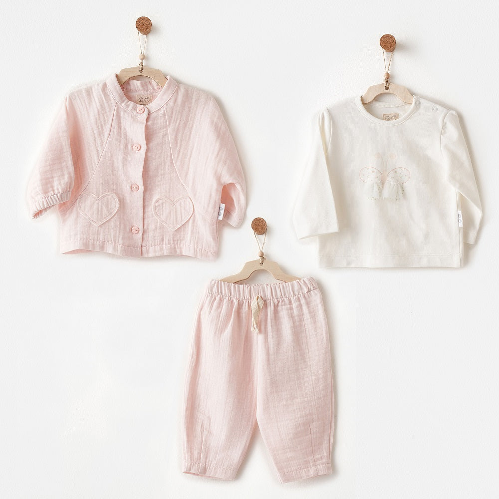 Andy Wawa Andywawa Kız Bebek Müslin 3’lü Takım Pembe - Pantolon,Salopet