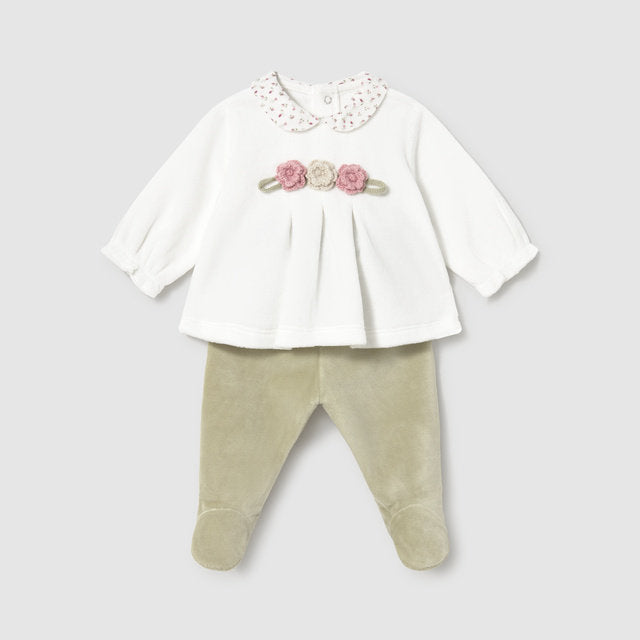 Mayoral Kışlık Kız Bebek Kadife Bluz Patikli Pantolon Set Ekru