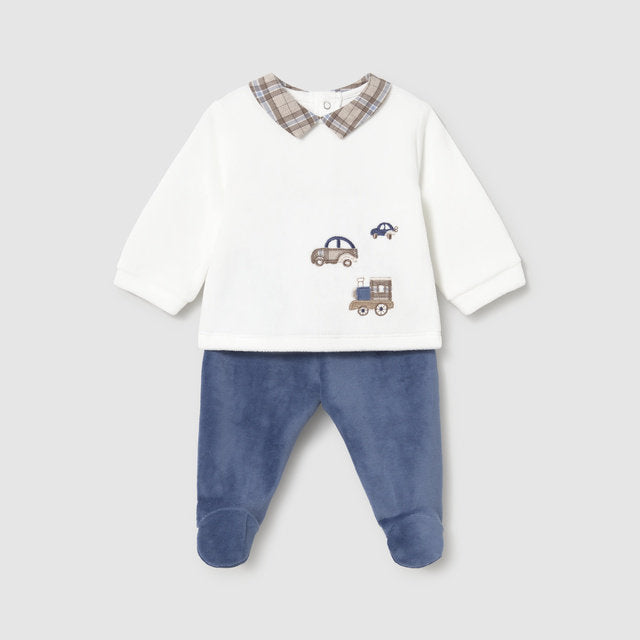 Mayoral Kışlık Erkek Bebek Kadife Bluz Patikli Pantolon Set Ekru