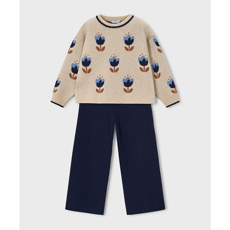 Mayoral Kışlık Kız Örme Sweatshirt Pantolon Set Ekru