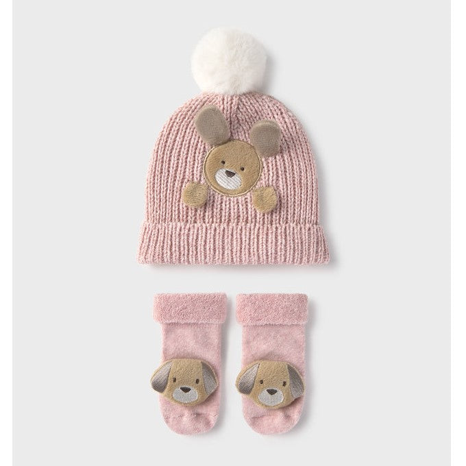 Mayoral Kışlık Bebek Örme Bere Çorap Set Pembe