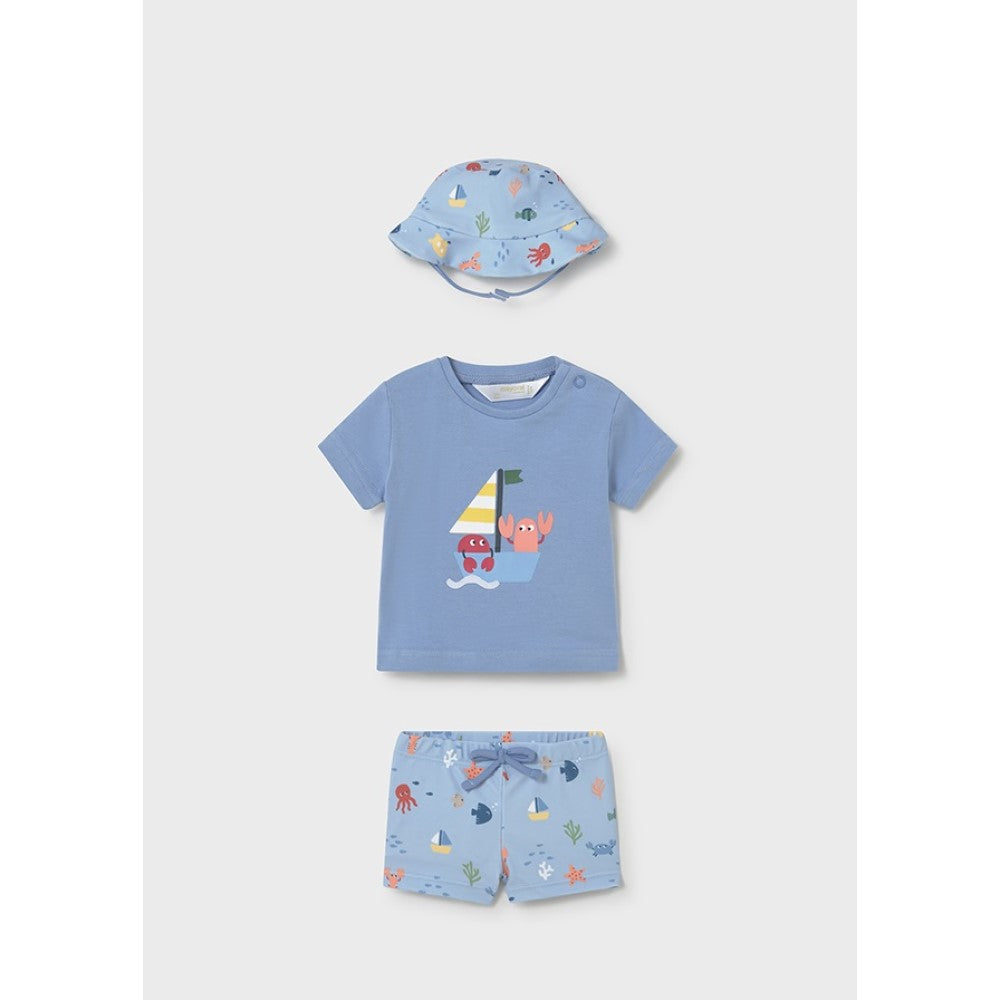 Mayoral Yazlık Erkek Bebek T-shirt Mayo Şapka 3'lü Set Mavi