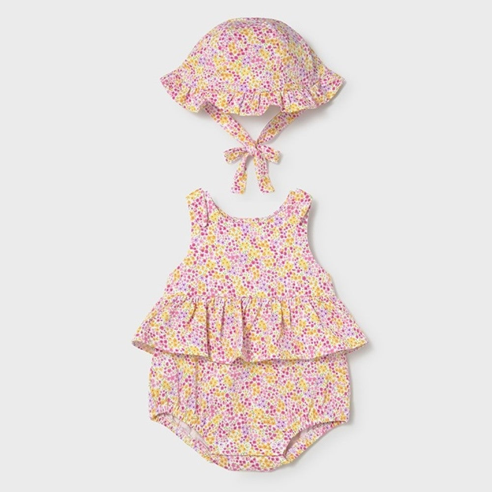 Mayoral Yazlık Kız Bebek Kısa Tulum Şapka Set Pembe