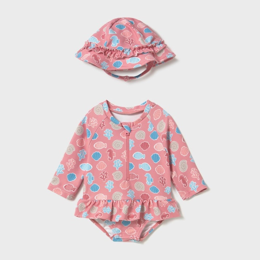 Mayoral Yazlık Kız Bebek Tulum Mayo Şapka 2'li Set Pembe