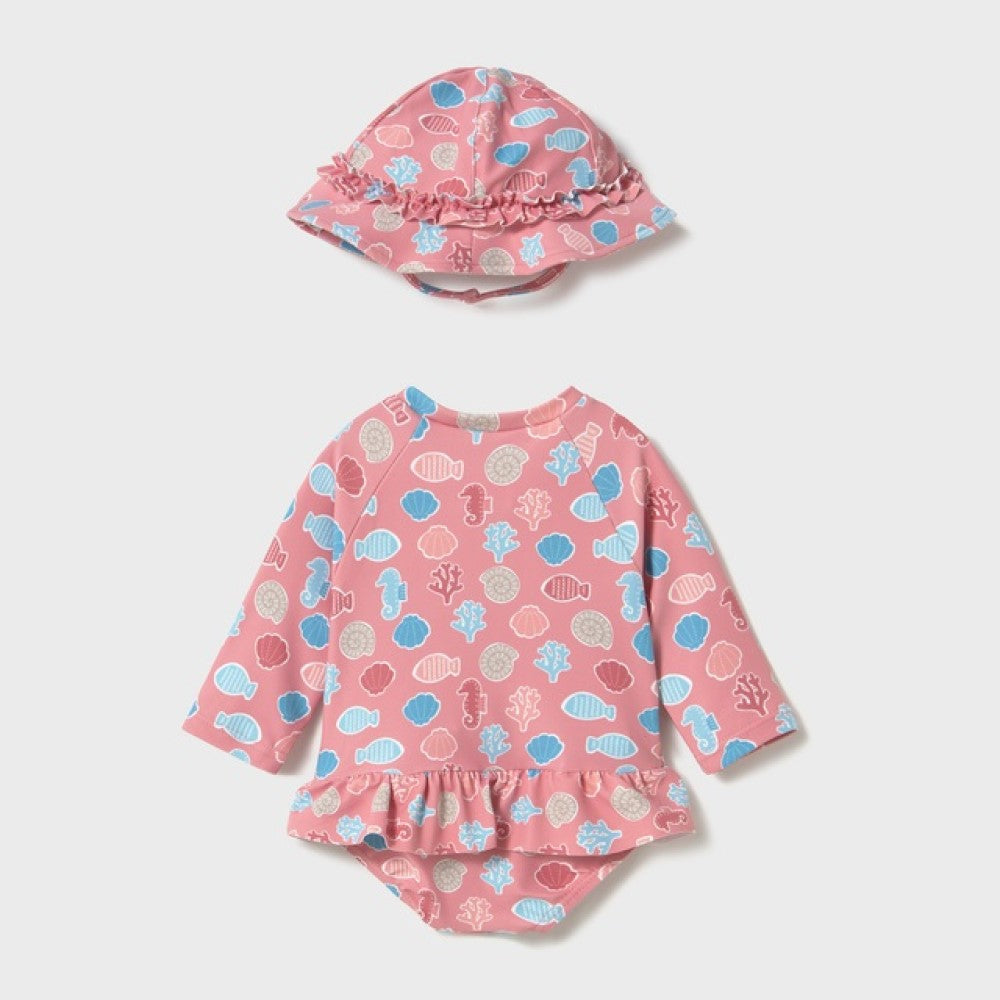 Mayoral Yazlık Kız Bebek Tulum Mayo Şapka 2'li Set Pembe