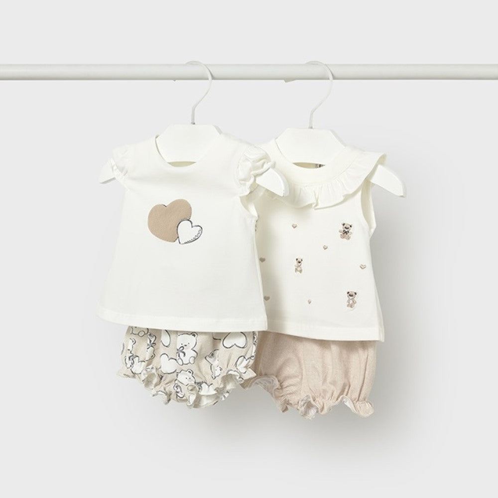Mayoral Yazlık Kız Bebek Kısa Kol T-shirt Şort 4'lü Set Bej