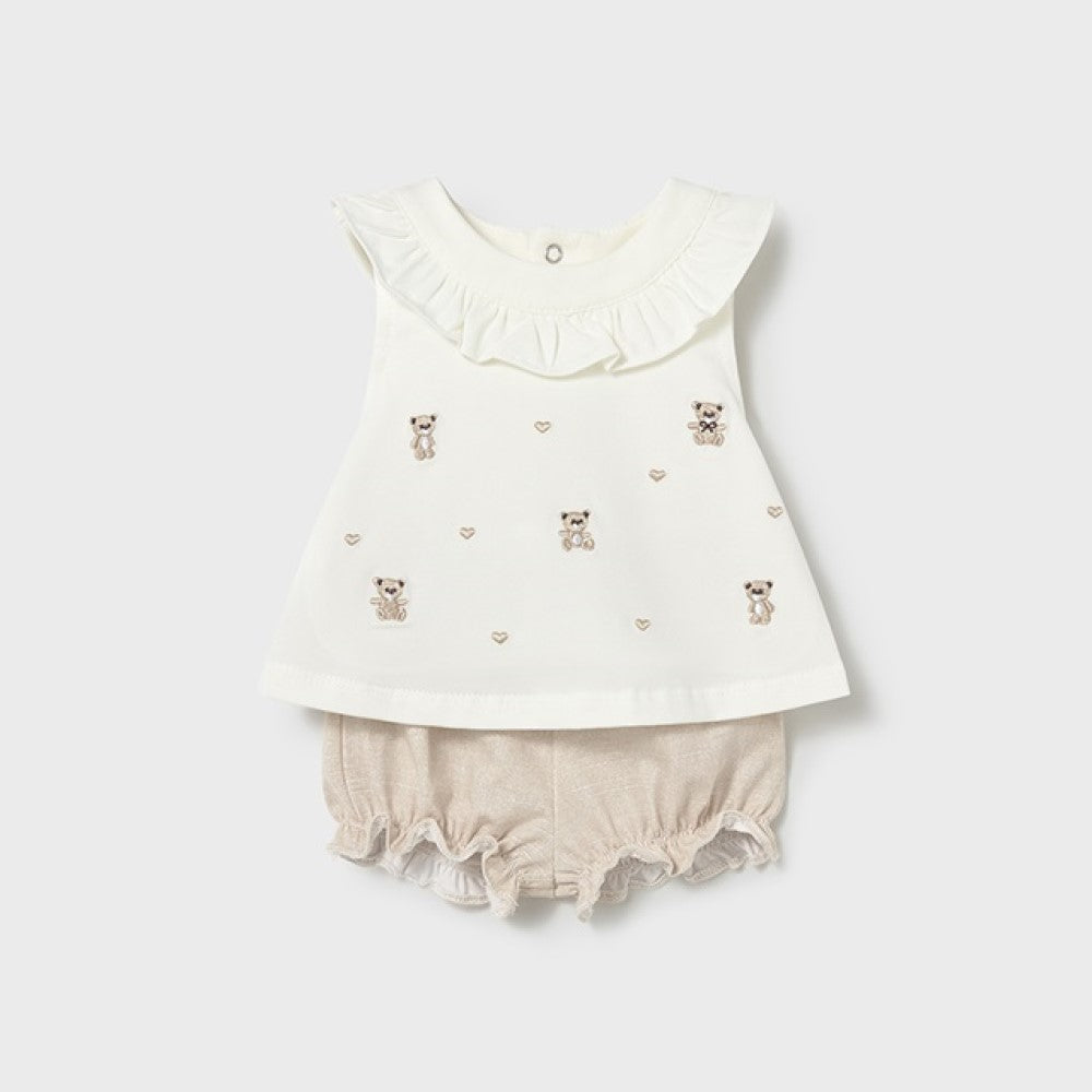 Mayoral Yazlık Kız Bebek Kısa Kol T-shirt Şort 4'lü Set Bej