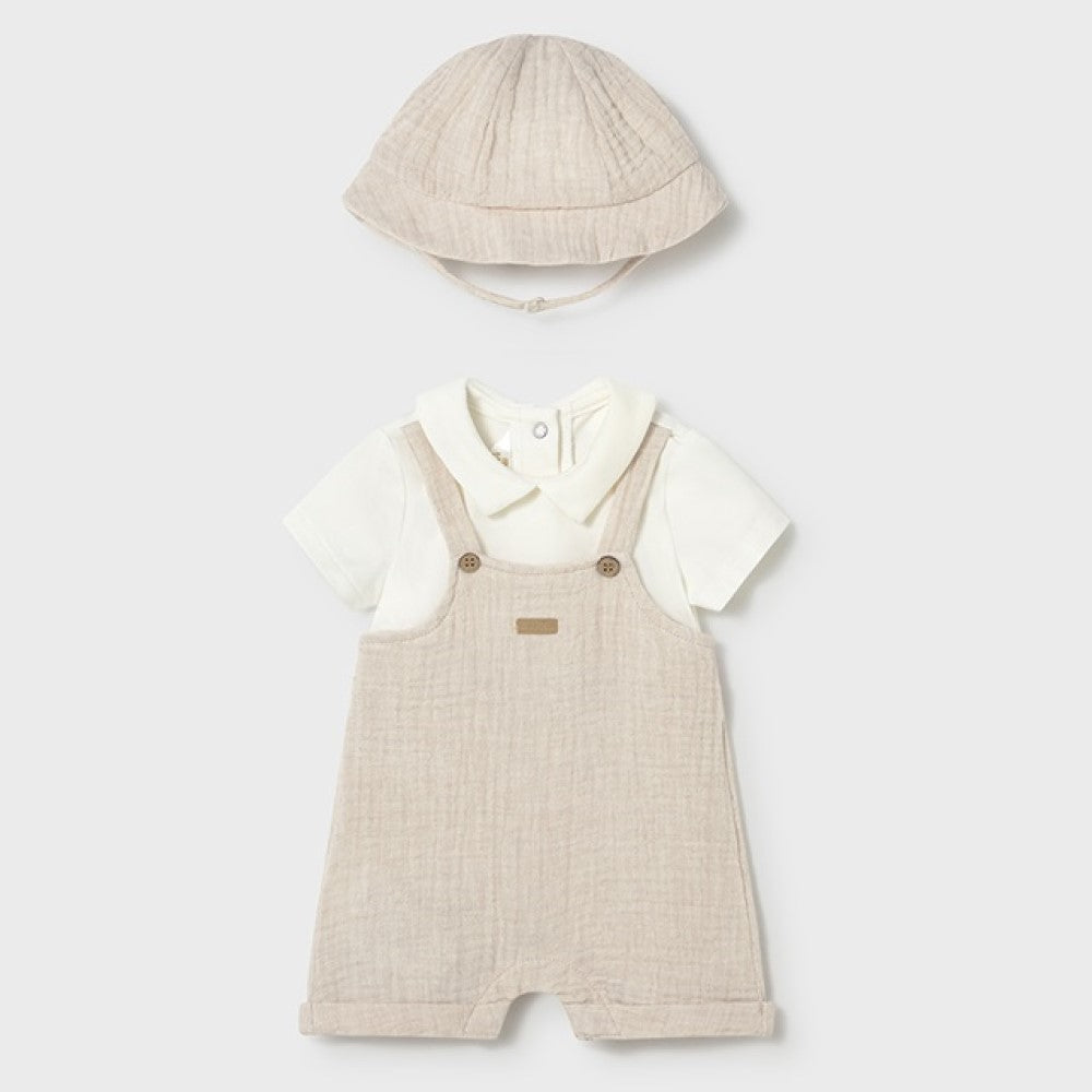 Mayoral Yazlık Erkek Bebek Bluz Kısa Tulum Şapka Set Bej
