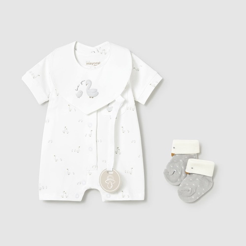Mayoral Yazlık Erkek Bebek Kısa Tulum Önlük Çorap 3'lü Set Beyaz
