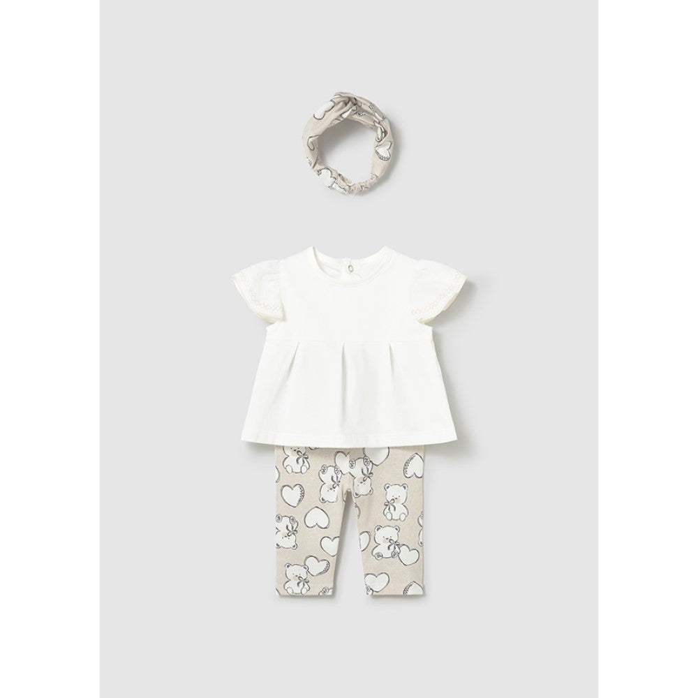 Mayoral Yazlık Kız Bebek Bluz Tayt Pantolon Bandana Set Bej