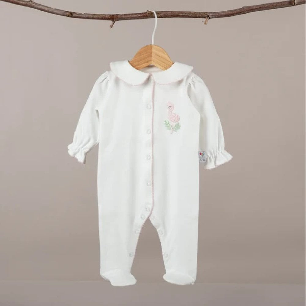 Mayys Baby Nazenin Flamingo Nakışlı Pembe Tığ işi Süslemeli Organik Tulum Ekru