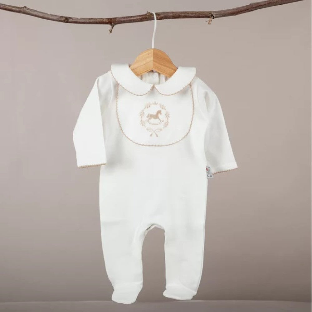 Mayys Baby Asil Bej Tığ İşi Süslemeli Çelenkli At Nakışlı Organik Tulum Ekru