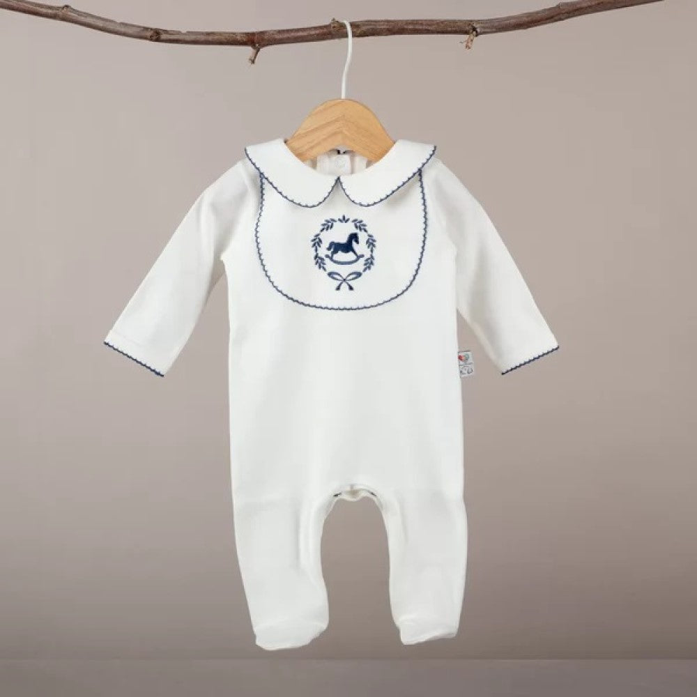 Mayys Baby Asil İndigo Tığ İşi Süslemeli Çelenkli At Nakışlı Organik Tulum Ekru