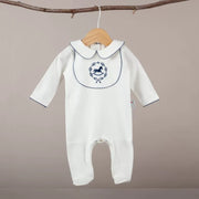 Mayys Baby Asil İndigo Tığ İşi Süslemeli Çelenkli At Nakışlı Organik Tulum Ekru