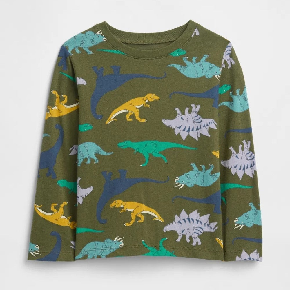 GAP Erkek Çocuk Dinazor Grafik Baskılı Uzun Kol T-Shirt Yeşil