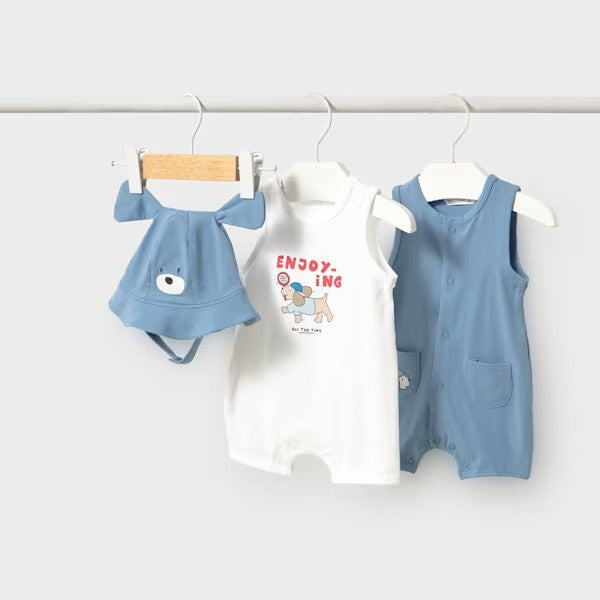 Mayoral Yazlık Erkek Bebek Kısa Tulum Şapka Üçlü Set Mavi