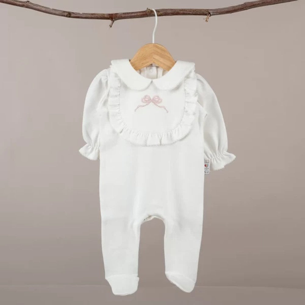 Mayys Baby Nazenin Pembe Fiyonk Nakışlı Ekru Tığ işi Süslemeli Organik Tulum Ekru