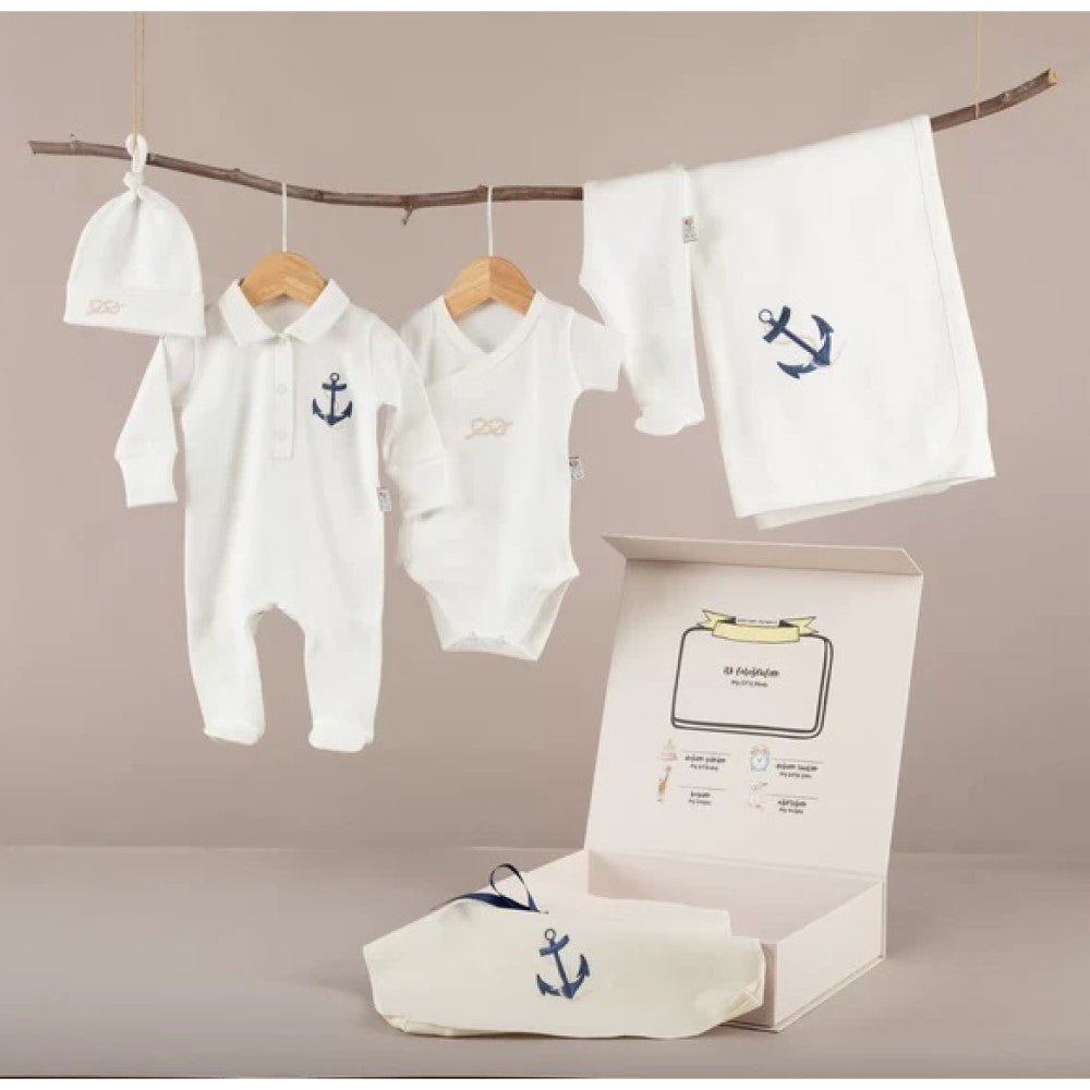 Mayys Baby Asil Marin Nakışlı Organik 5'li Hastane Çıkış Seti Krem