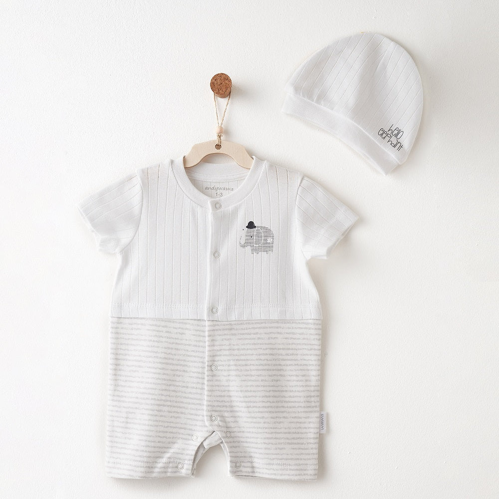 Andywawa Erkek Bebek Yazlık Romper Tulum Şapka Set Beyaz