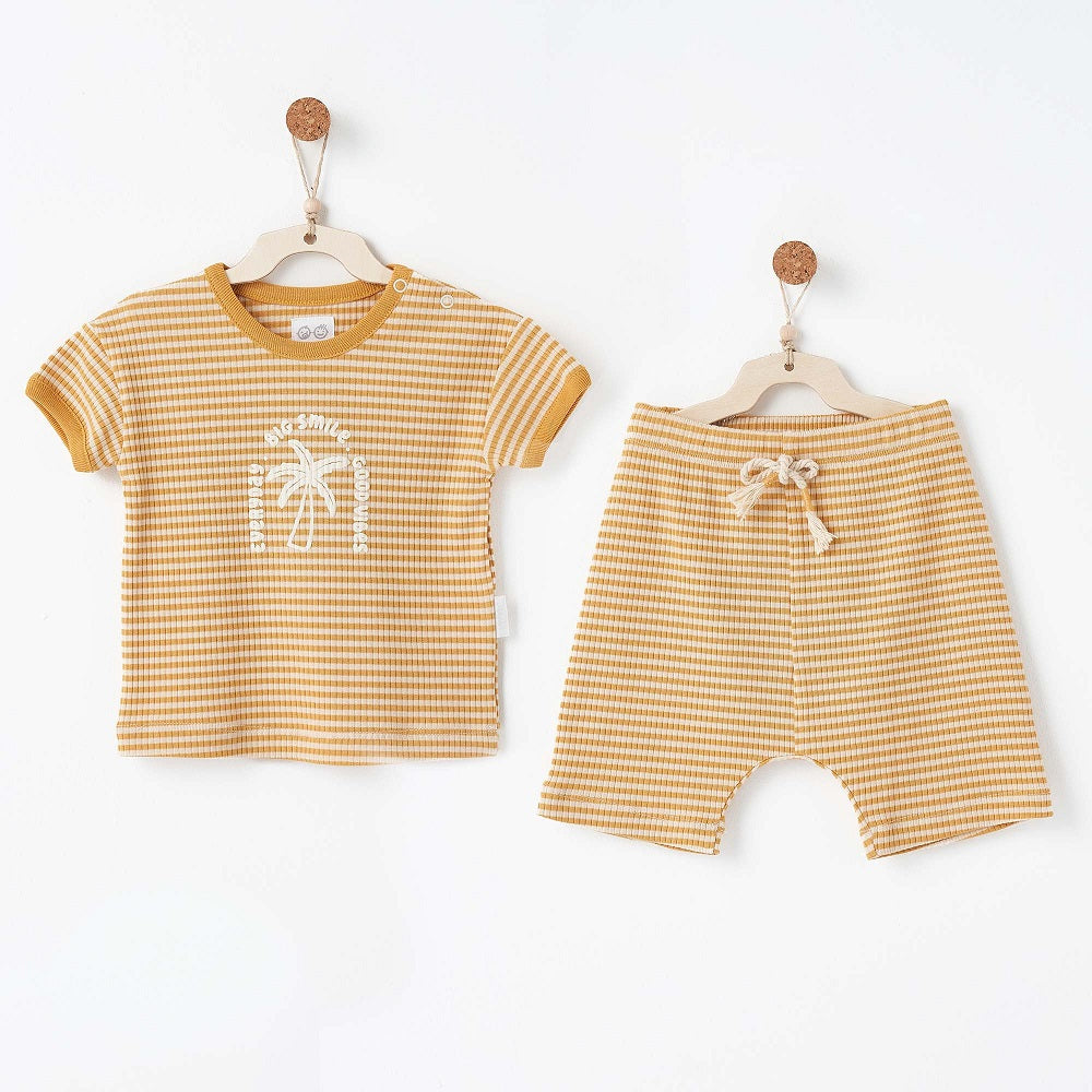 Andy Wawa Andywawa Yazlık Erkek Bebek Kısa Kol T-shirt Şort 2'li Set- Bamboo Striped Sarı - Şort, Şort Takımı