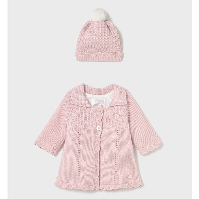 Mayoral Kışlık Kız Bebek Örme Kürklü Uzun Kaban Şapka Set Pembe