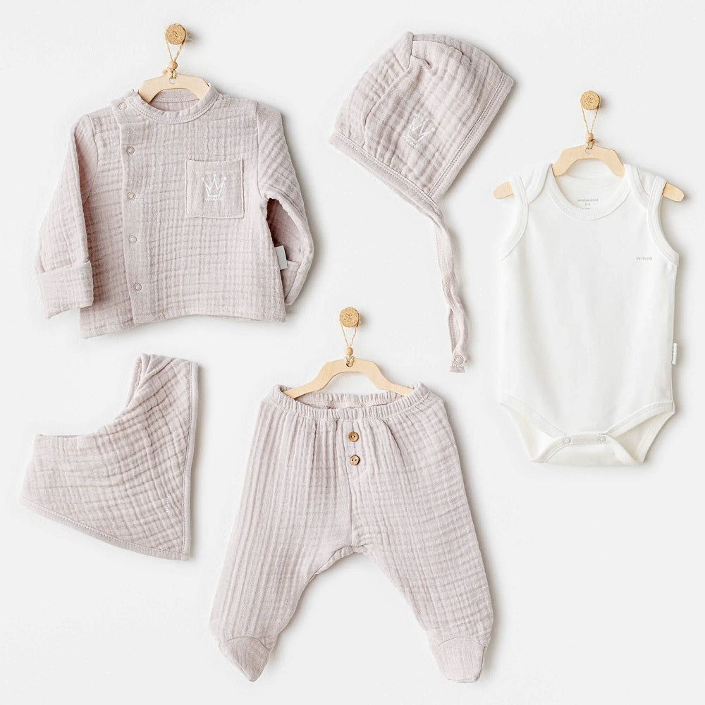 Andywawa Erkek Bebek 5'li Müslin Hastane Çıkış Seti Gri