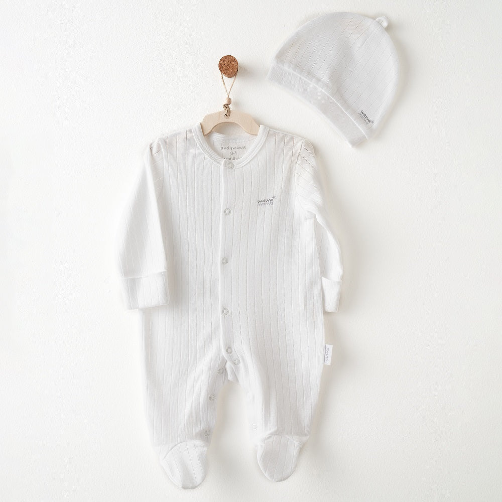 Andywawa Erkek Bebek Yazlık Romper Tulum Şapka Set Beyaz