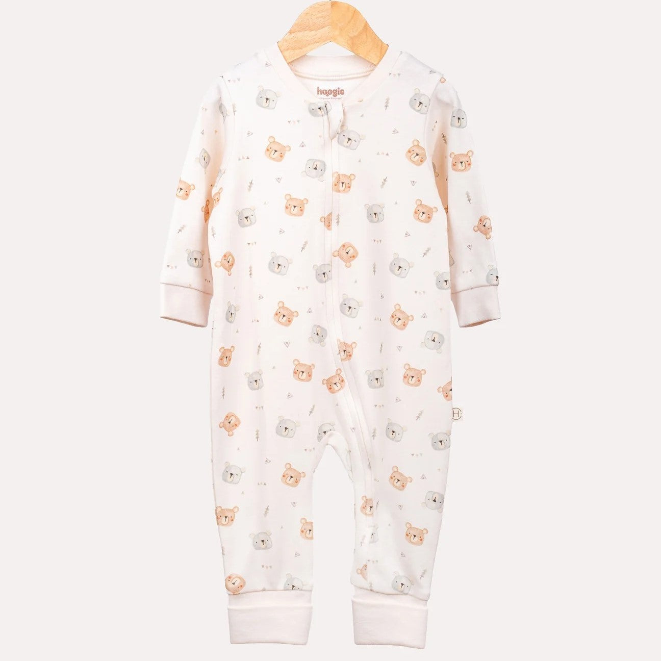 Hoogie Fermuarlı Teddy Bebek %100 Organik Pamuk Tulum - Ayıcık Desenli Ekru