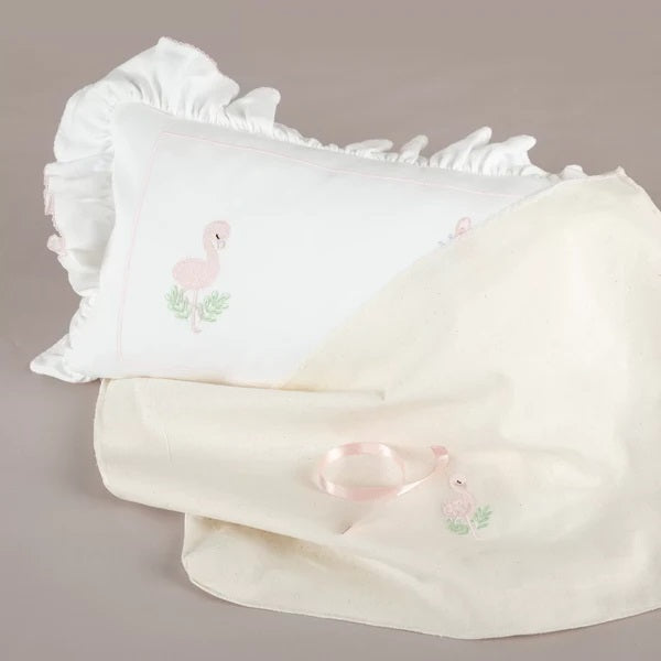 Mayys Nazenin Flamingo Nakışlı PembeTığ İşi Süslemeli Fırfırlı Dekoratif Yastık+ Puset Örtüsü Krem