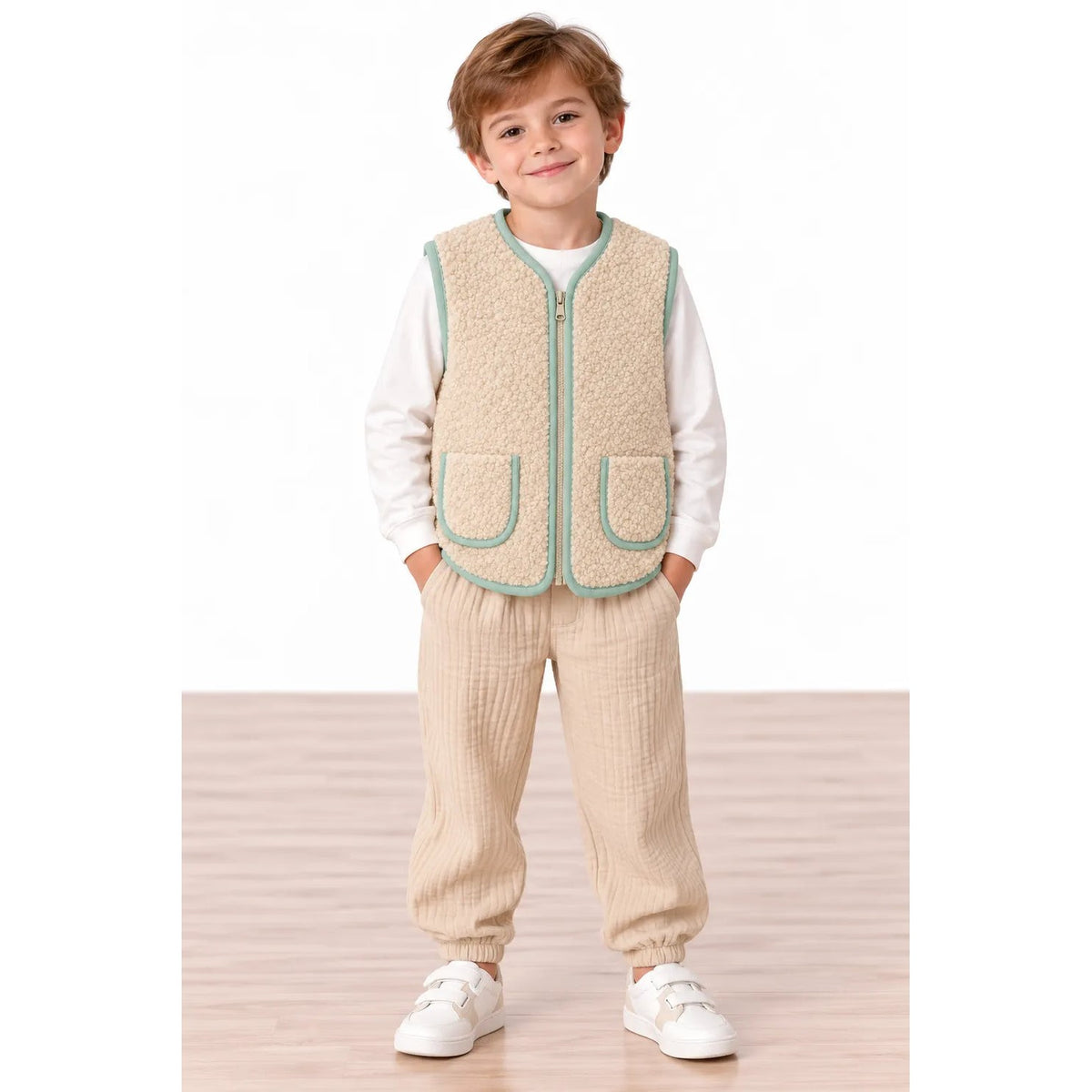 Miela Kids Camper Patchwork Peluş Yelek Bej