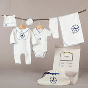 Mayys Baby Asil İndigo Tığ İşi Süslemeli Çelenkli At Nakışlı 6' li Organik Hastane Çıkış Seti Krem