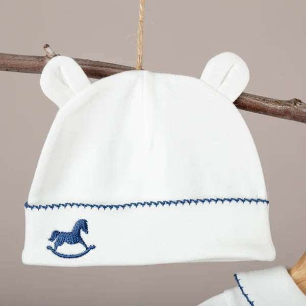 Mayys Baby Asil İndigo Tığ İşi Süslemeli Çelenkli At Nakışlı 6' li Organik Hastane Çıkış Seti Krem