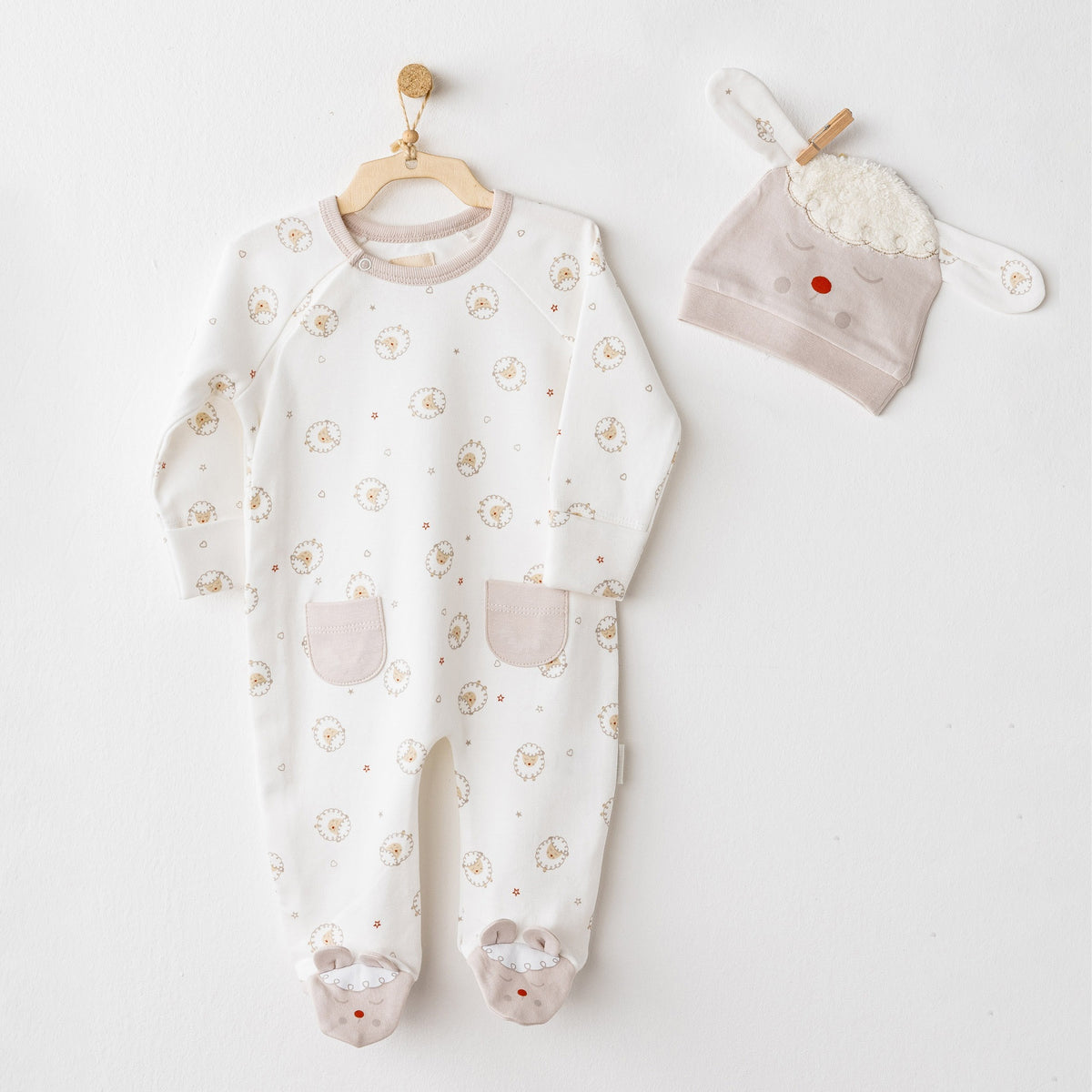 Andywawa Erkek Bebek Kışlık Tulum Şapka Set - Tinny Sheeps Ekru
