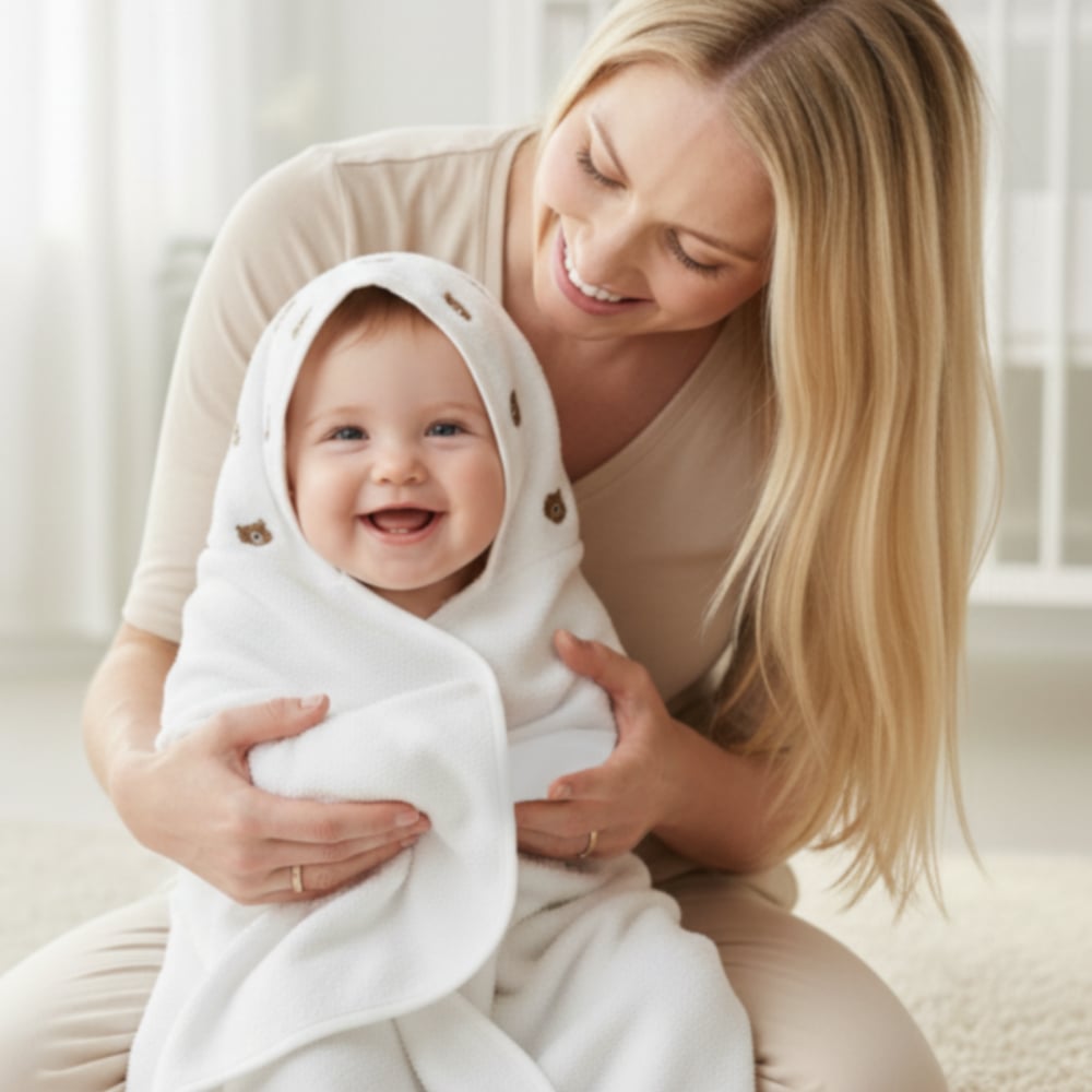 Mama Yoyo Bebek Banyo Havlusu Ayı Desenli 90x90 cm Ekru