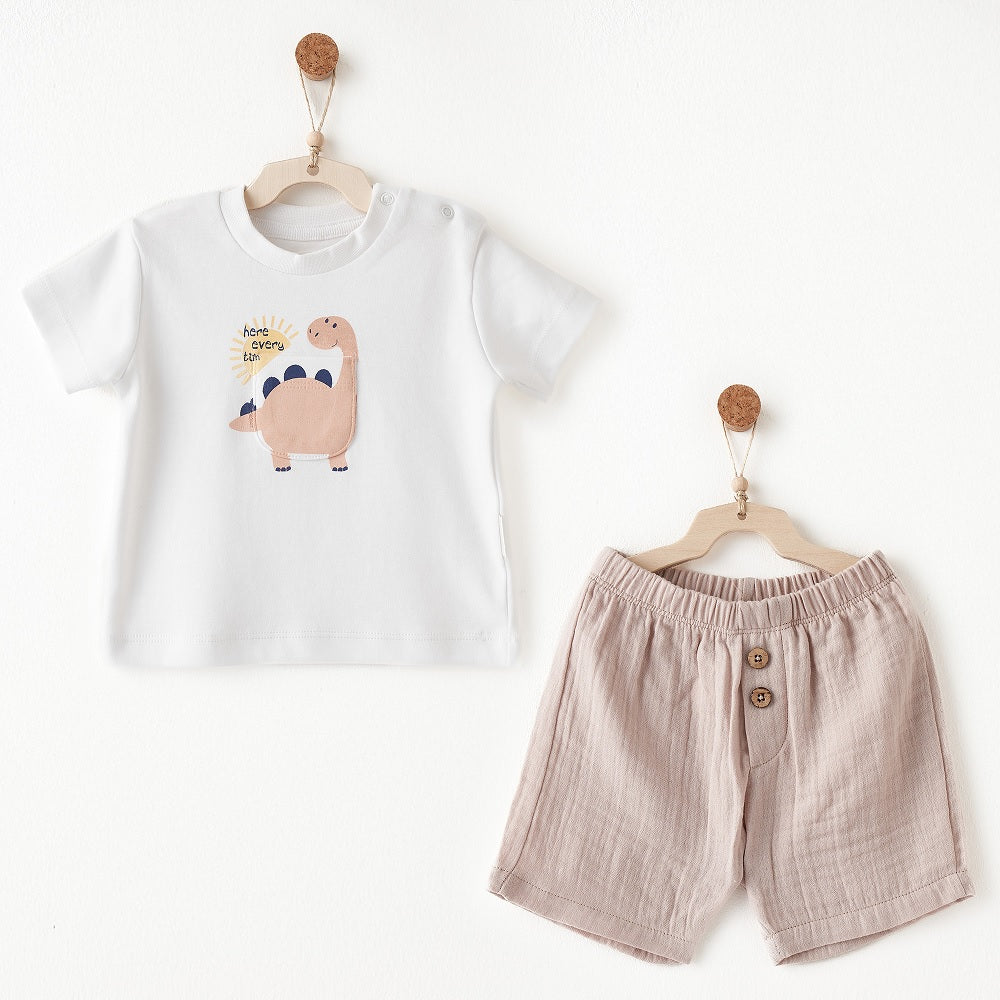 Andy Wawa Andywawa Yazlık Erkek Bebek T-shirt Şort Takım 2'li Set Bej - Şort, Şort Takımı