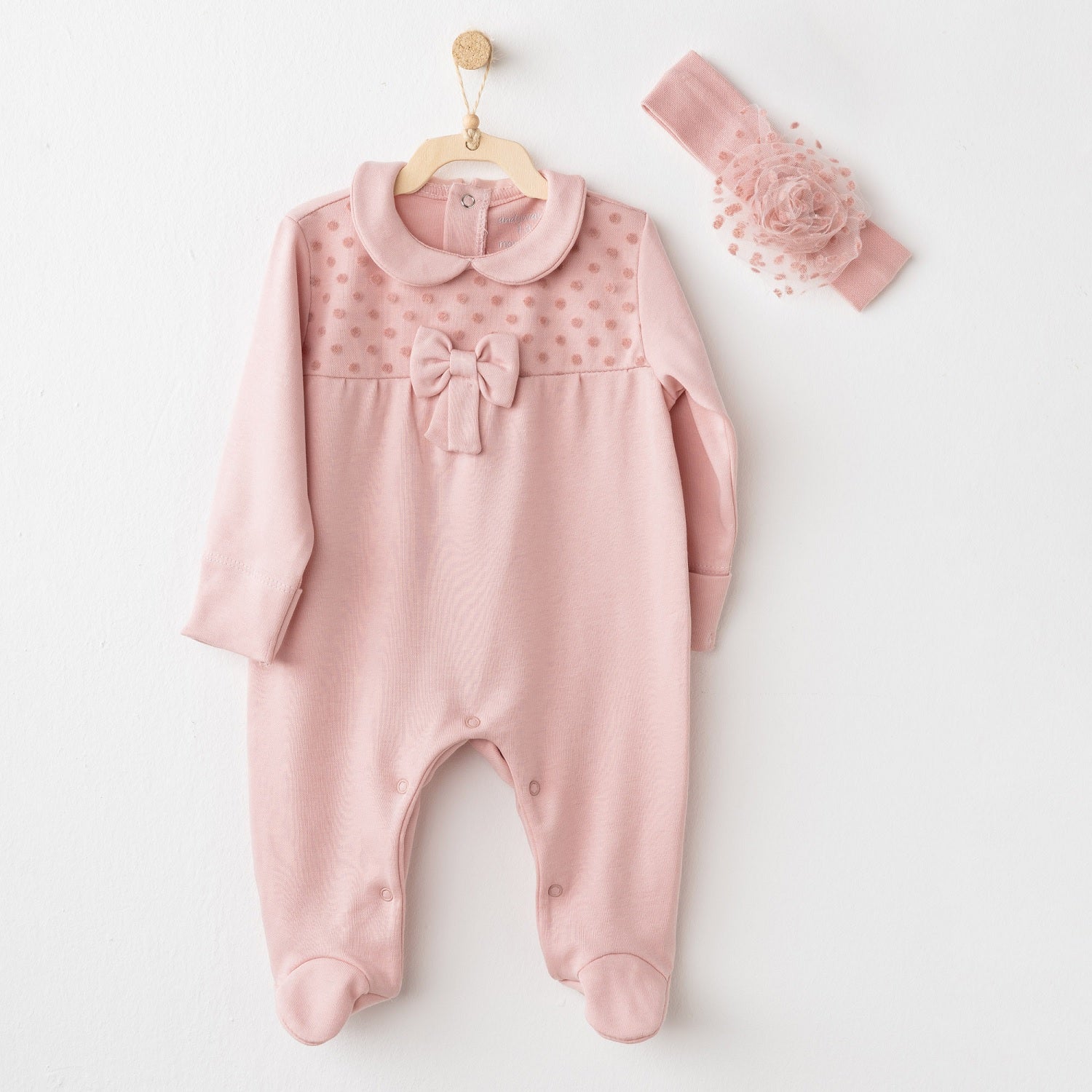 Andywawa Kız Bebek Romper Tulum Bandana Set Pembe