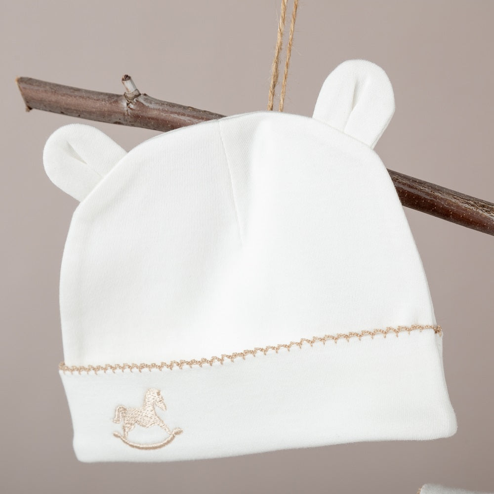 ChiMayys Baby Asil Bej Tığ İşi Süslemeli Çelenkli At Nakışlı Organik 6'lı Hastane Çıkışı Beyaz