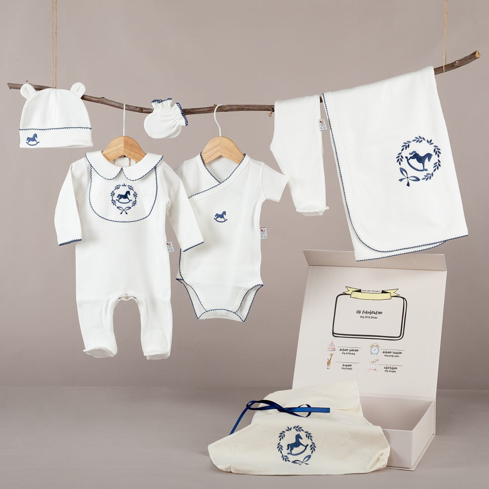 ChiMayys Baby Asil İndigo Tığ İşi Süslemeli Çelenkli At Nakışlı Organik 6'lı Hastane Çıkışı Beyaz