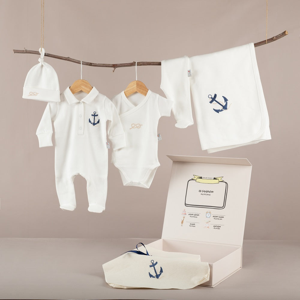 ChiMayys Baby Asil Marin Nakışlı Organik 5'li Hastane Çıkışı Beyaz