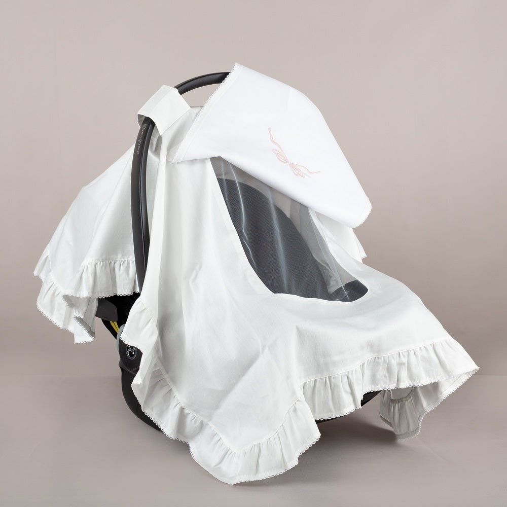 ChiMayys Baby Nazenin Pembe Fiyonk Nakışlı Ekru Tığ İşi Süslemeli Fırfırlı Puset Örtüsü