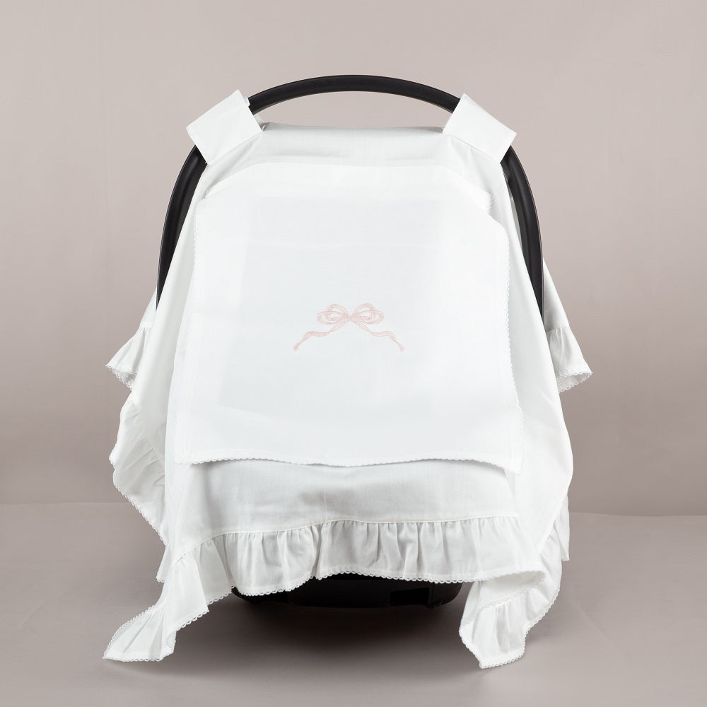 ChiMayys Baby Nazenin Pembe Fiyonk Nakışlı Ekru Tığ İşi Süslemeli Fırfırlı Puset Örtüsü