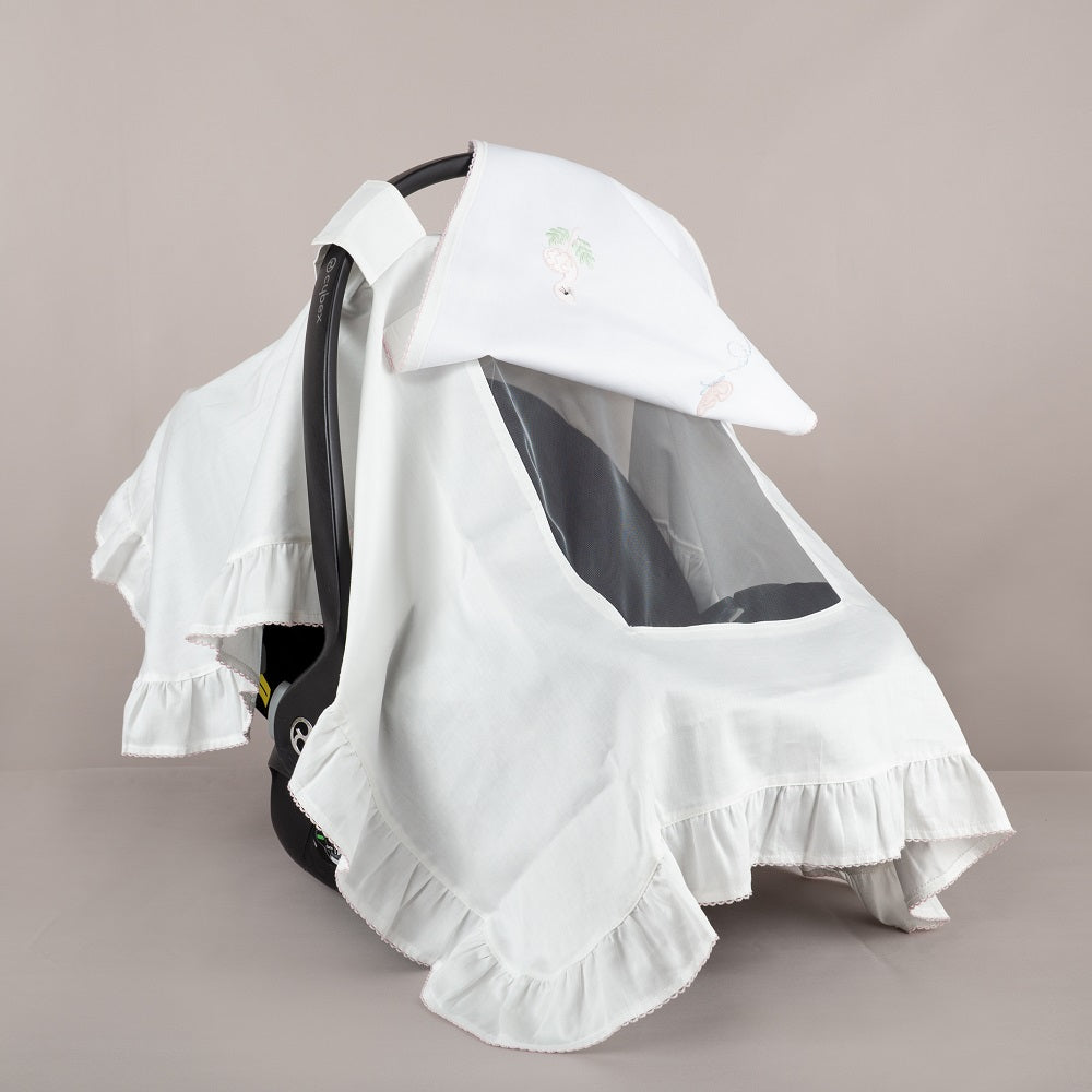 ChiMayys Baby Nazenin Flamingo Nakışlı Pembe Tığ İşi Süslemeli Fırfırlı Puset Örtüsü