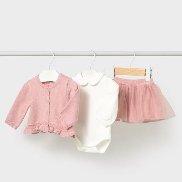 Mayoral Kışlık Kız Bebek Body Örme Etek Ceket 3'lü Set Pembe