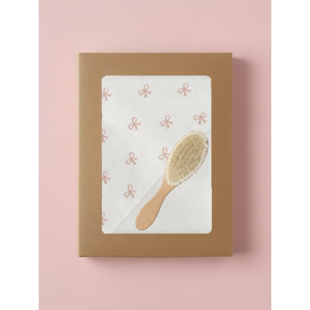 Mama Yoyo Bebek Doğal Fırça + Banyo Havlusu Fiyonk Desenli 90x90 cm Ekru